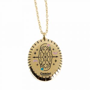 Stainless Steel Horoscope Pendant Gemini Gold Colored Oval - 20 mm