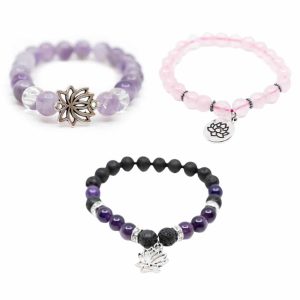 Gemstone Bracelets with Lotus Charm Set - Bundle